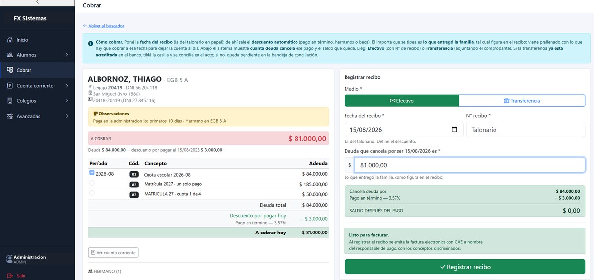 Pantalla de cobro: descuento por pago en término aplicado solo, deuda que cancela el pago y emisión de la factura electrónica con CAE